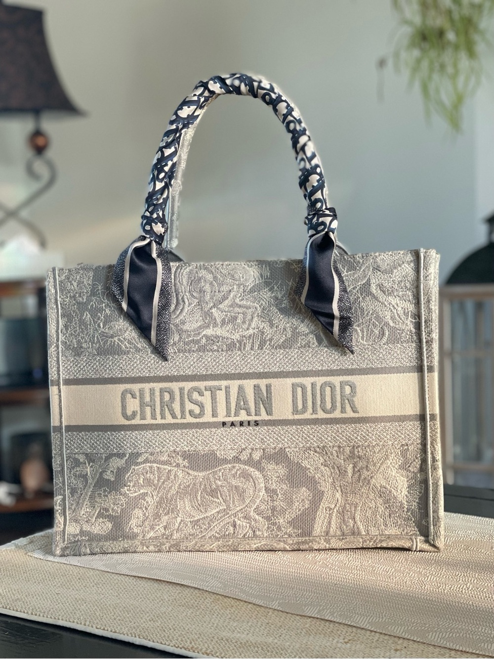 Dior Embroidered Book Tote with Scarf-Wrapped Handles
